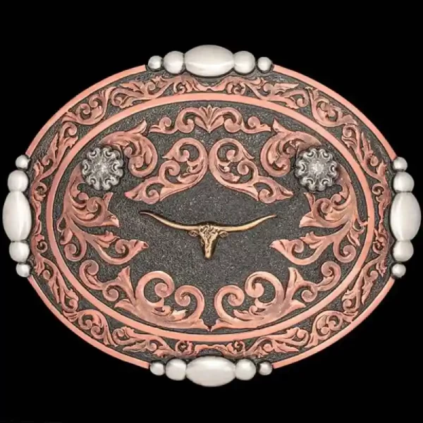 Embellish any western outfit with the Gruene Belt Buckle. Featuring stunning and intrincate copper scrollwork with silver beads frame. Customize the color of stones and bronze figure of this buckle!
